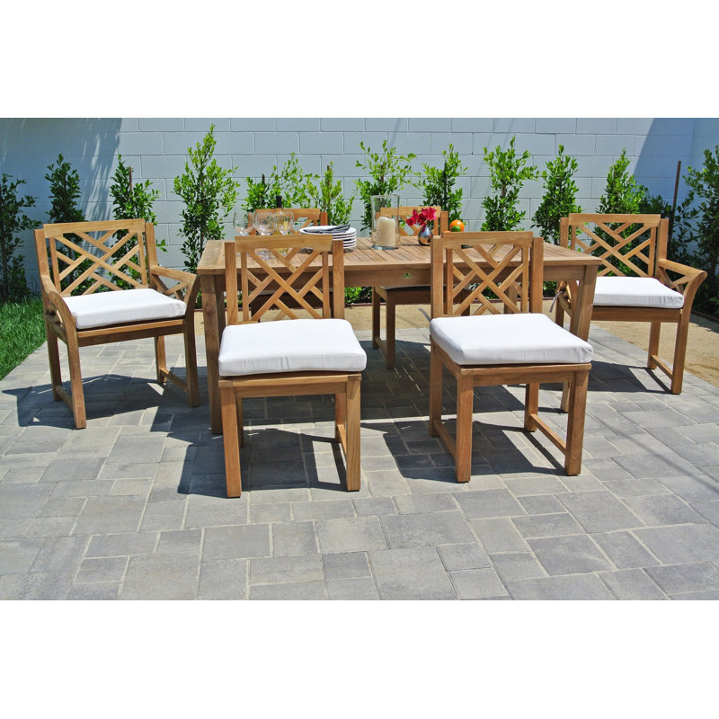 Monterey 6 - Person Teak Wood Patio Dining Set with Rectangular Table , Sunbrella® Cushions Included, White, White