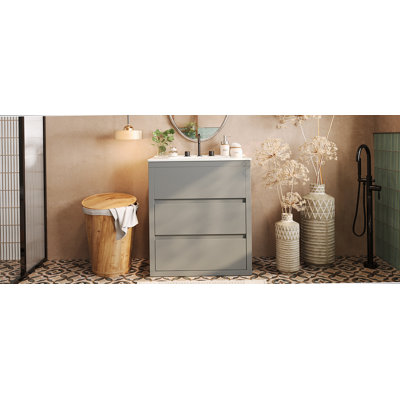 Meuble-lavabo fonctionnel avec lavabo en céramique et tiroirs pleine extension, conception autoportante pour une installation facile et un rangement intelligent