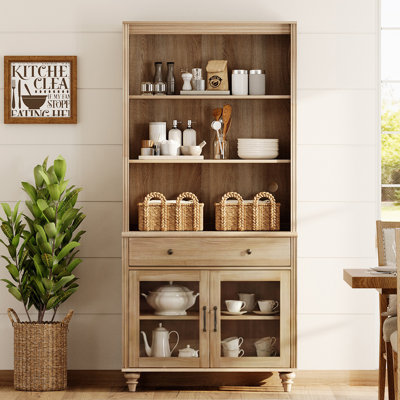 Scarlett Sideboard Cabinet, Farmhouse Sideboard Credenza For Dining Room, Modern Kitchen Buffet Cabinets, Large Storage Cabinet With Glass Doors And 5 Tier Shelves, Oak