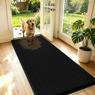 Chenille Absorbent Outdoor Doormat 71" x 25", Washable Muddy Door Mats for Dog Non Slip Heavy Indoor Doormat Soft Front Inside Doormats for Entryway, Mud Dog Paws, Patio Black