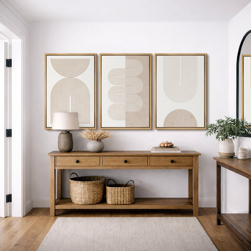 Mid Century Modern Boho "Duotone Beige Abstract Lines Artwork, Simple Neutral Minimalist Wall Pictures, Large Framed Canvas Giclee Print 3 Pieces Wall Art" 16"x24"x3 pcs, 24"x36"x3 pcs