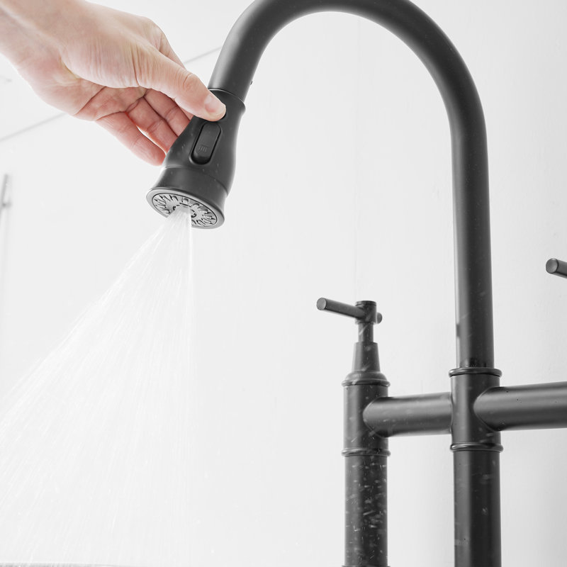 Pull Down Bridge Faucet with 2 Handles, Matte Black