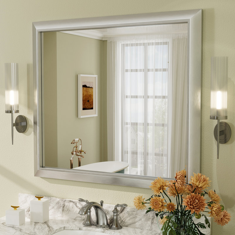 Amara Tempered Glass Mounted Wall Mirror, 40" x 36", Brushed Silver