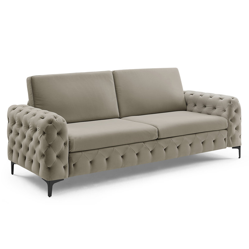 Bushong 222Cm Velvet Square Arms Sofa, Black, Beige Velvet