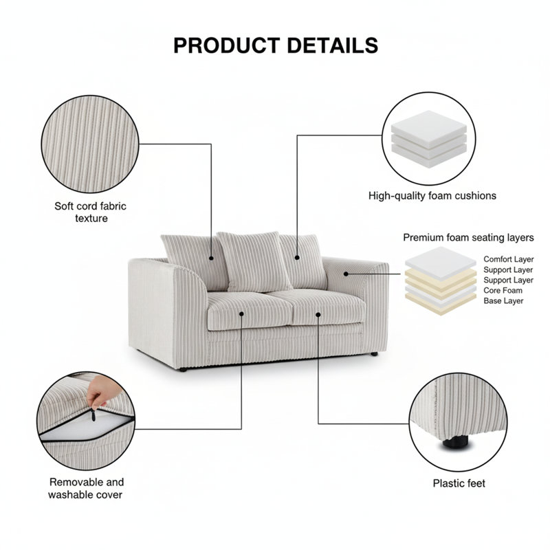 2 Seater Corduroy Sofa, Cream