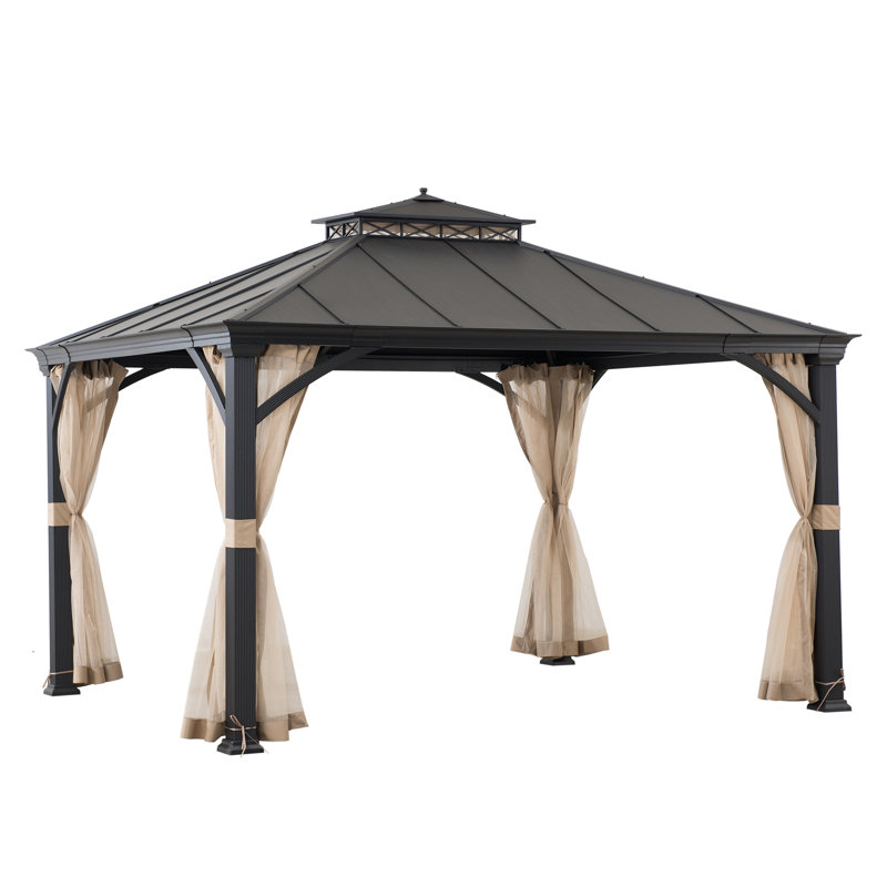 Sunjoy 10 x 12 ft Metal Gazebo with Black Rustproof Aluminum Frame Two Tier, Ceiling Hook and Mosquito Net