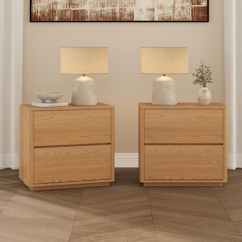 Ensemble de lit plateforme tapissier et de tables de chevet 2 tiroirs Modern Boucle, Blanc; chêne naturel, Lit simple