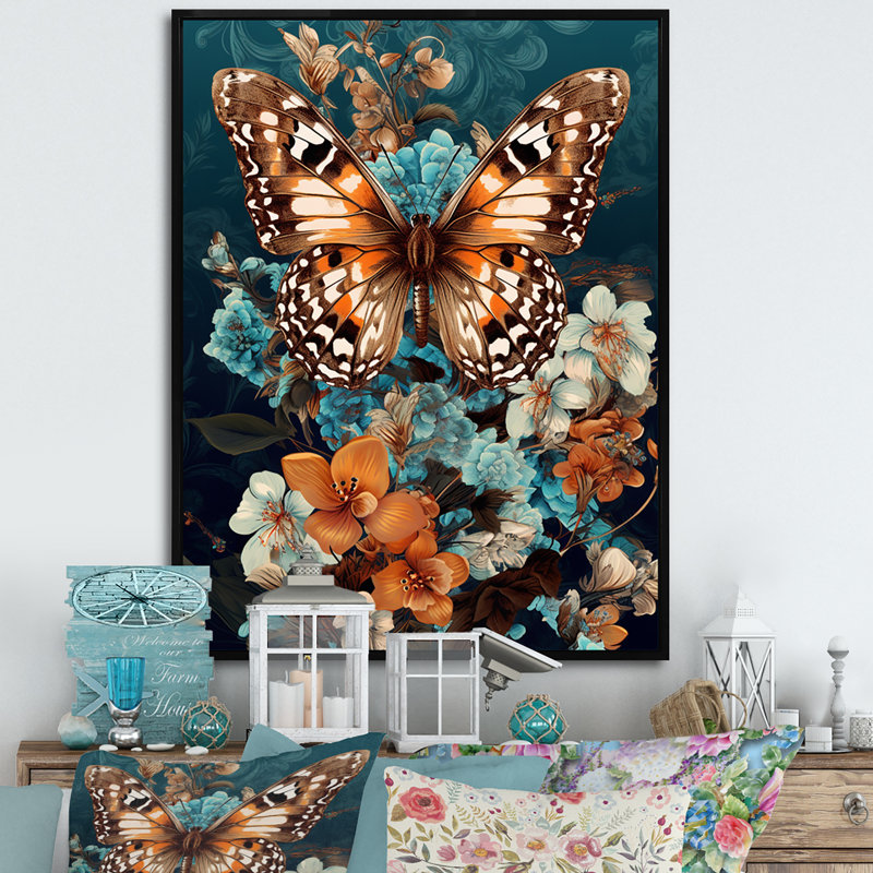 Gracieux papillon brun sur des orchidées rétro I, H 32 po x l 16 po x P 1 po, Cadre flottant noir
