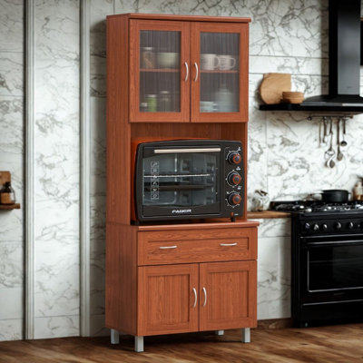 Kitchen Cabinet 31.5 inch Wide Freestanding China Display Hutch with Storage, Microwave Shelf and Utensil Drawer by L