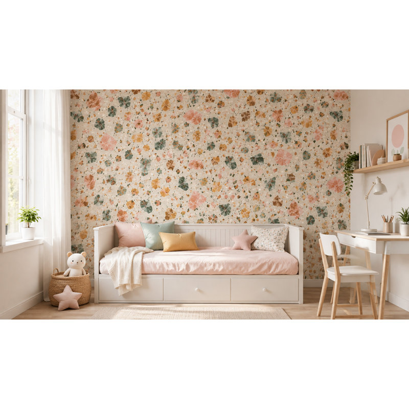 Papier peint crème moderne à motif d'éclats de pierre terrazzo colorée, L 200 x L 110, Vinyle