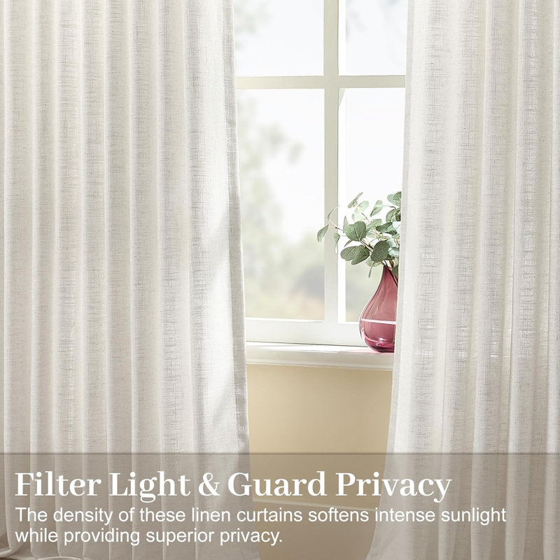 YZ Home Pinch Pleated Linen Curtains 2 Panels Set, Light Filtering Linen Blend Sheer Drapes Memory Trained Pleated Curtain Back Tab with Hooks Rings for Living Room Bedroom