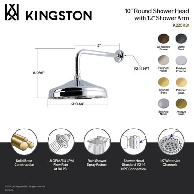 Pomme de douche ronde en laiton avec bras de douche de 12 po Kingston