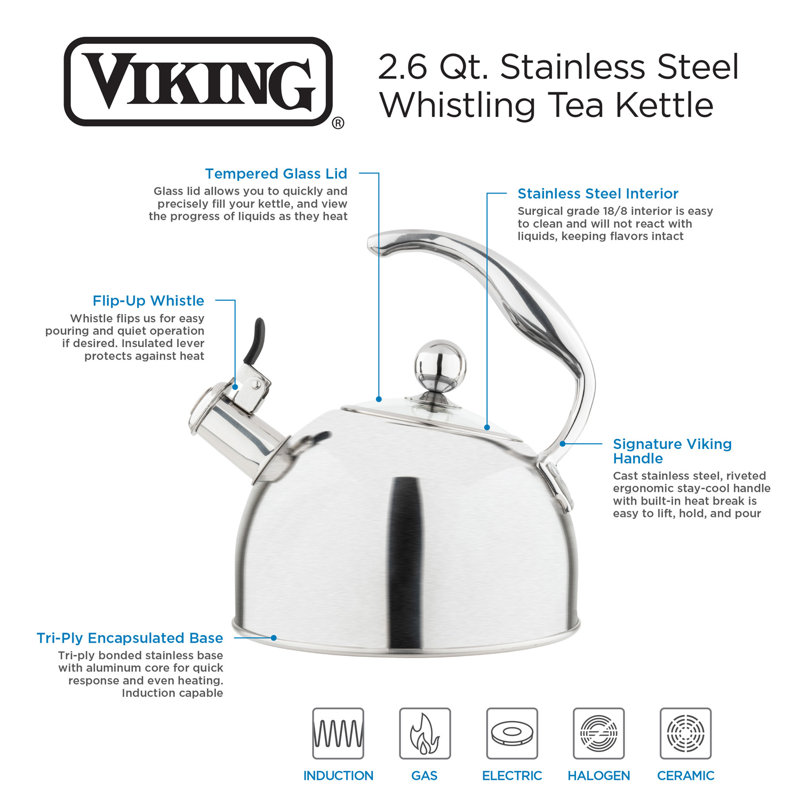 Viking 2.6-Quart Stainless Steel Kettle with 3-Ply Base, Nickel