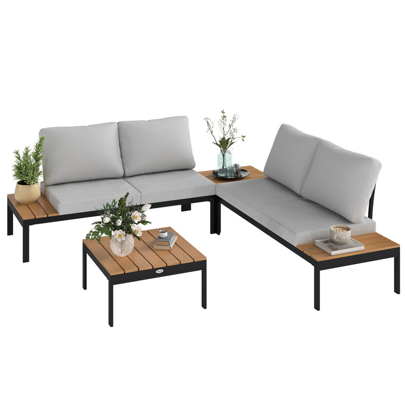 Outsunny 4 Piece L Shaped Garden Furniture Set 4 Seater Corner Sofa, Teak/Black