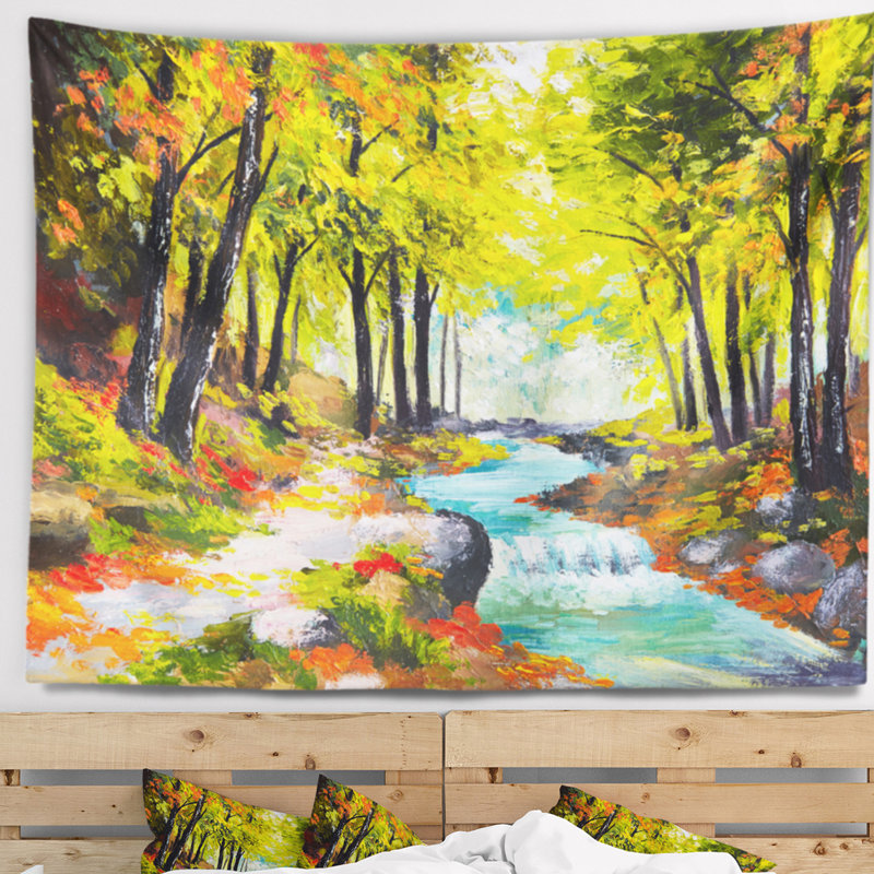 Paysage, rivière, vert, automne, tapisserie, forêt, H 32 po x l 39 po
