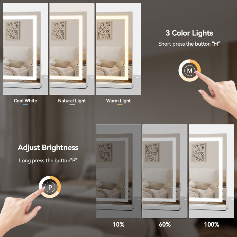 Makeup Mirror with 3 Color Lights, 58x46cm Large Lighted Vanity Mirror with Light Strip and Charging