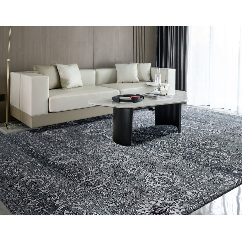 Tapis gris et noir noué à la main de haute qualité, Rectangle 6 pi x 9 pi