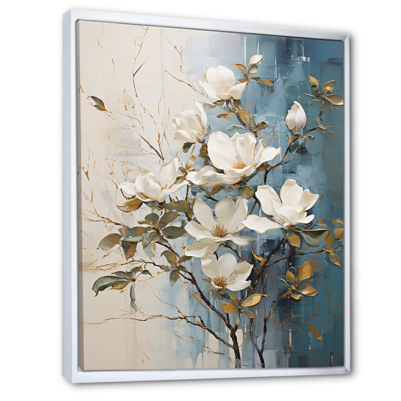 Fleurs de magnolias bleues et blanches Bloom III sur toile, Cadre flottant blanc, 32" H x 24" W