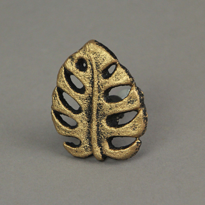 Tropical antique gold cast iron monstera leaf drawer pulls and cabinet knobs, set of 6 — 1.5" L x 1" D x 2" H, Gold