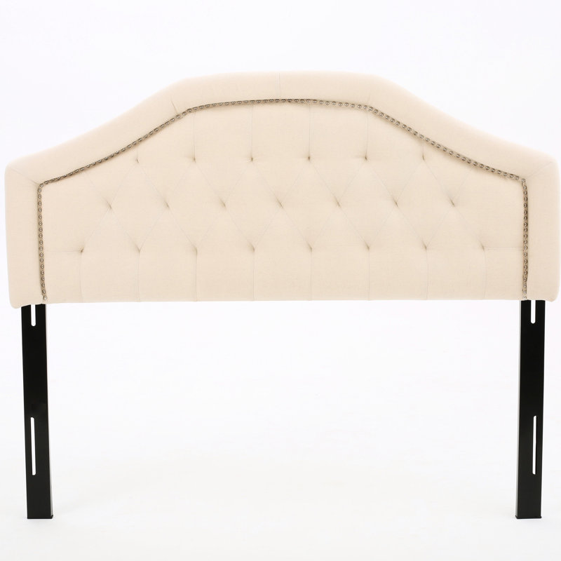 Queen Headboard With Contemporary Flair - Button Stitching And Diamond Pattern Nailhead Accented Beige Upholstered Assembly Required Modern Design Tufting Stitch Accents