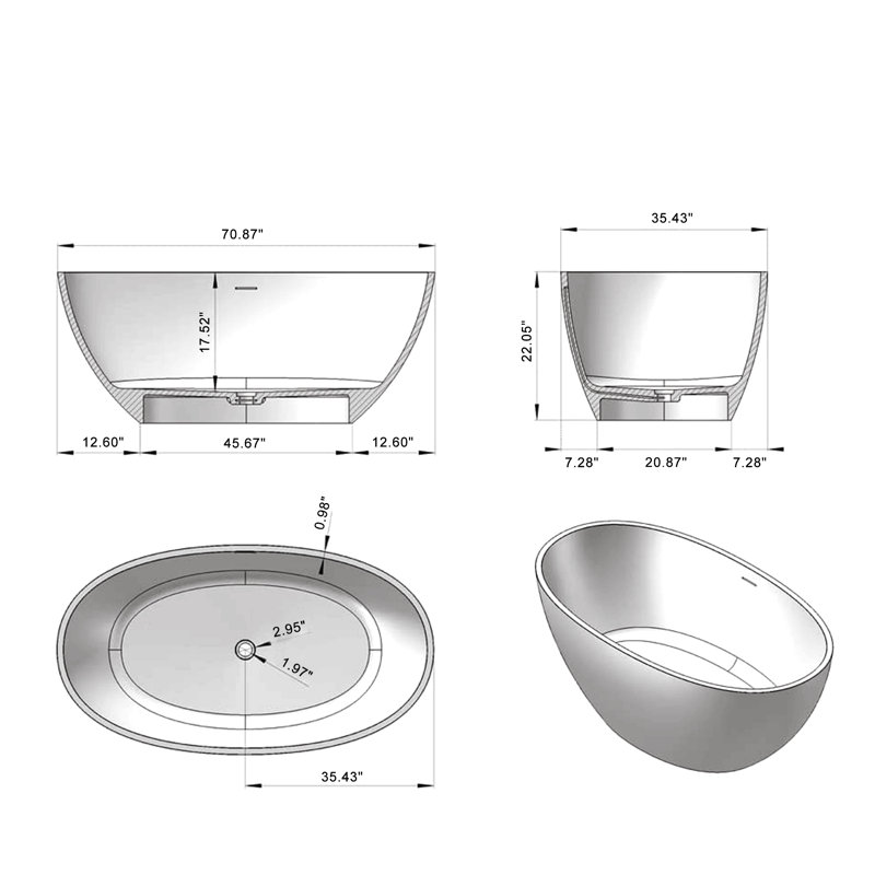 Freestanding Solid Surface Soaking Bathtub Matte White
