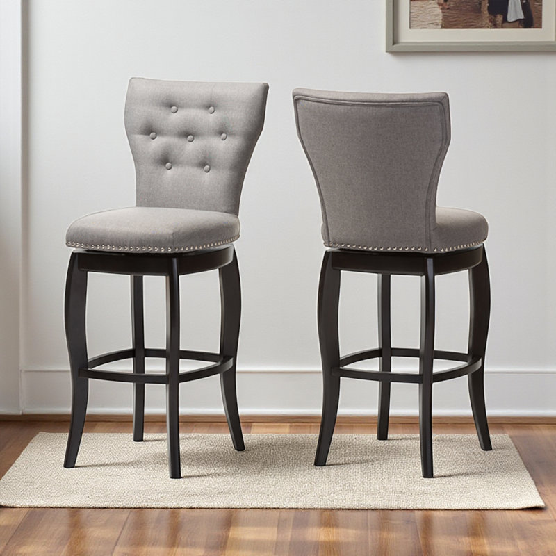 Swivel counter stool upholstered in grey polyester fabric, 45.24'' H X 19.5'' W X 23.79'' D