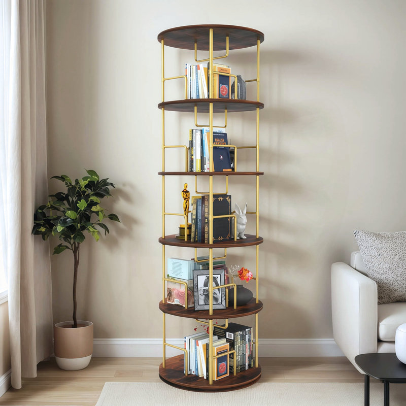 Bibliothèque rotative à 5 niveaux, bibliothèque ronde pivotante à 360 °, hauteur pivotante en bois et en métal pour économiser de l'espace