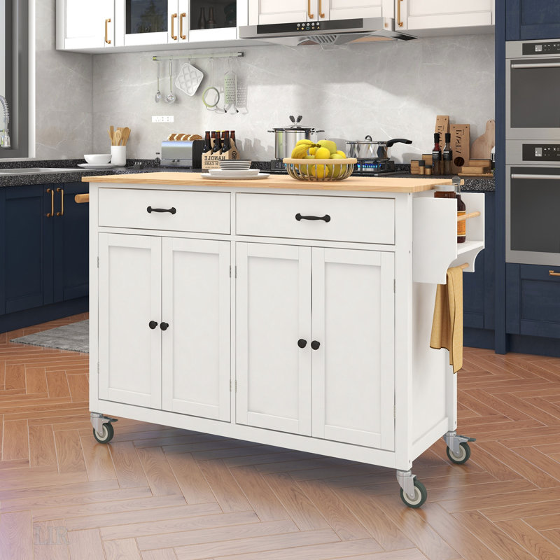 Chariot pour îlot de cuisine avec plateau en bois massif et roues verrouillables, largeur de 54,3 po, armoire à 4 portes et deux tiroirs, îlot de cuisine