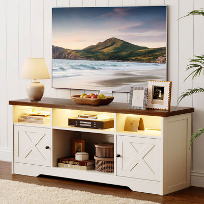 Farmhouse LED TV Stand for TVs Up to 65", 59" Entertainment Center with Power Outlet & Storage, Rustic Wood TV Console with Cabinets and Open Shelves