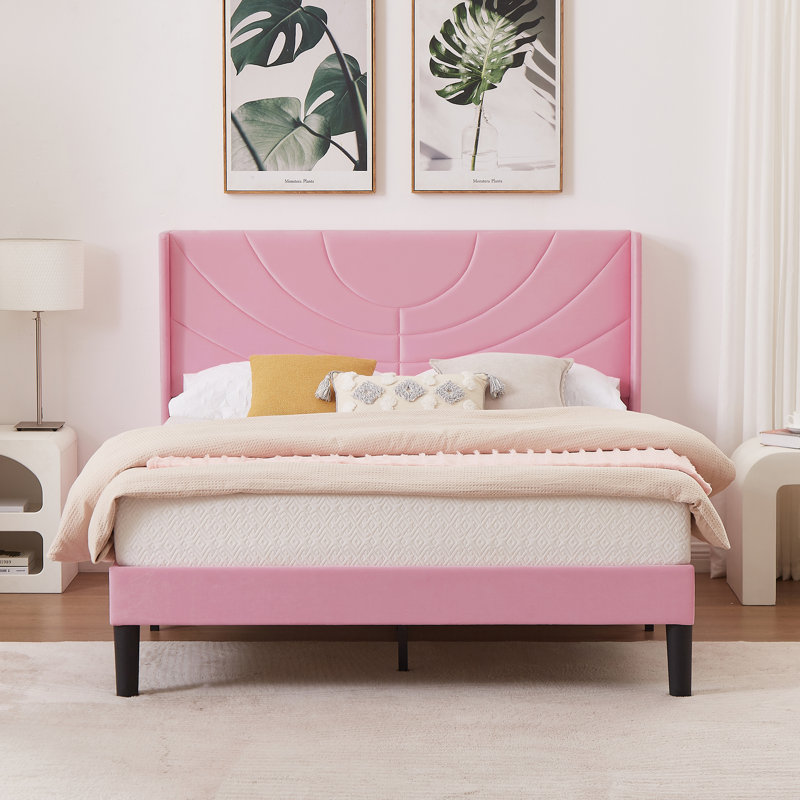 Structure de lit grand format en velours avec tête de lit à oreilles, lit plateforme tapissier avec tête de lit capitonnée à oreilles, support de lattes en bois massif, aucun sommier requis, silencieux, rose
