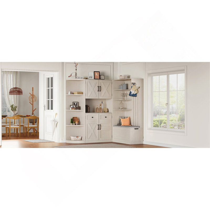 Multifunctional Left-Right Combination Hall Cabinet (Can Be Used Separately) With Storage And 4 Hooks, Storage Cabinet/ Hall Tree 2 In 1 For Living Room, Kitchen And Hallway