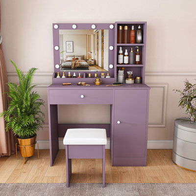 Ensemble de coiffeuse stylisée avec tabouret rembourré et miroir lumineux réglable (ampoules rondes)