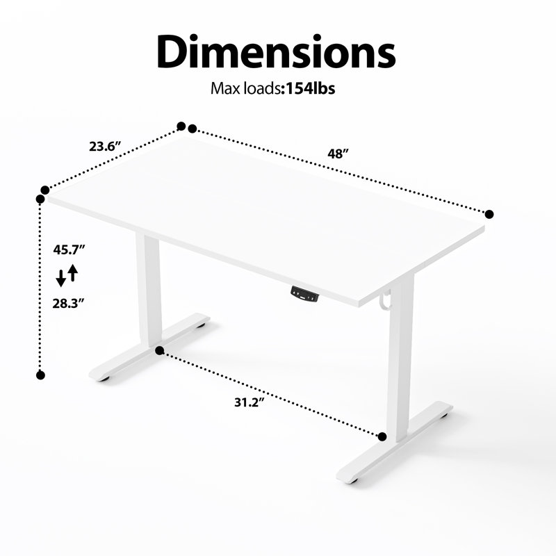 Bureau debout électrique à hauteur réglable de 48 po avec contrôleur mémoire, Blanc, H 45,7 po x l 48 po x P 24 po