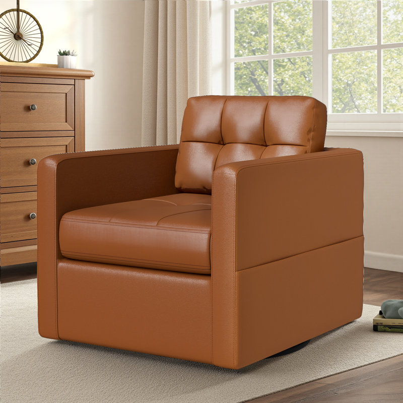 34.3″ Wide Leather Swivel Armchair with Upholstered Base, Brown No Wood Base