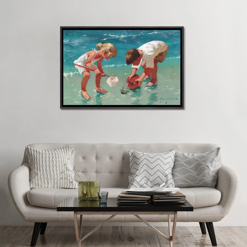 «Kids and Crab» par John Haskins - reproduction d'art, H 32 po x l 48 po x 1,5 po, Toile avec cadre noir patiné