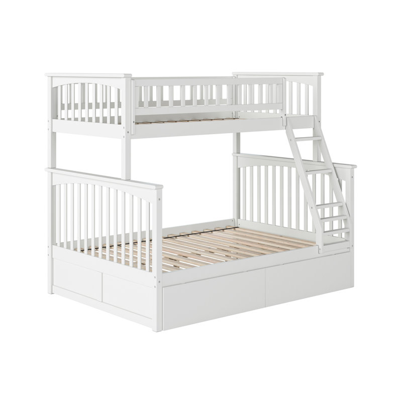 Lit superposé en bois massif avec tiroirs de rangement Flinn, Twin over Full, Blanc