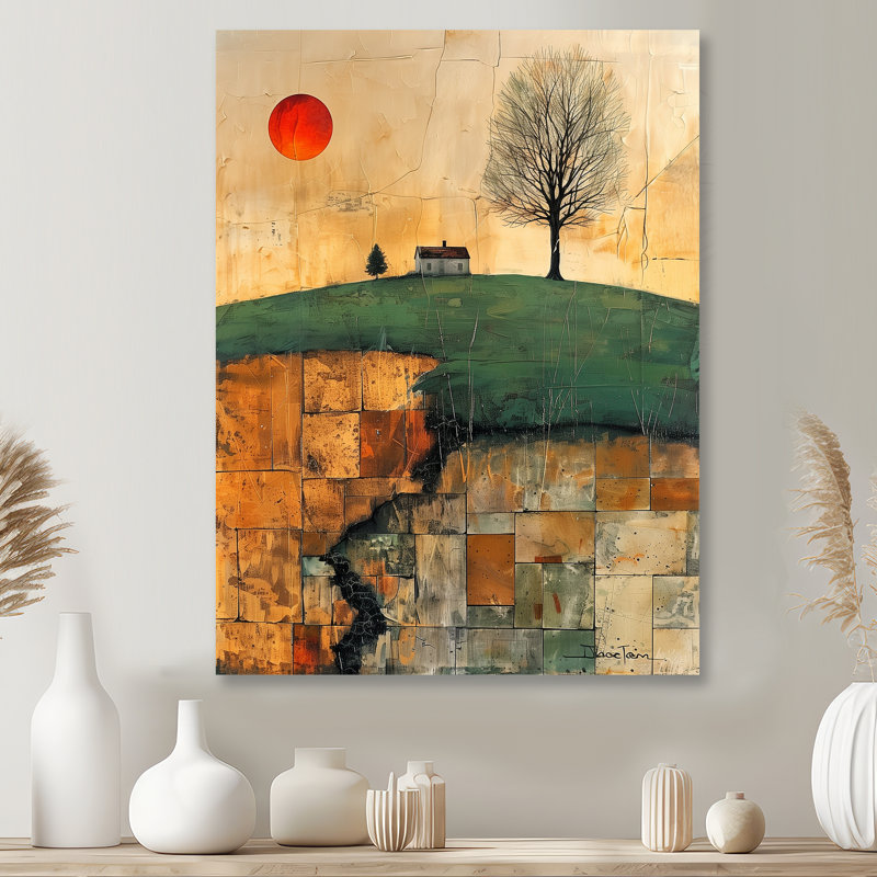 «Brun vert, automne, maison de campagne, coucher de soleil I - ferme, art mural salon, Métal métal, H 40 po x l 30 po