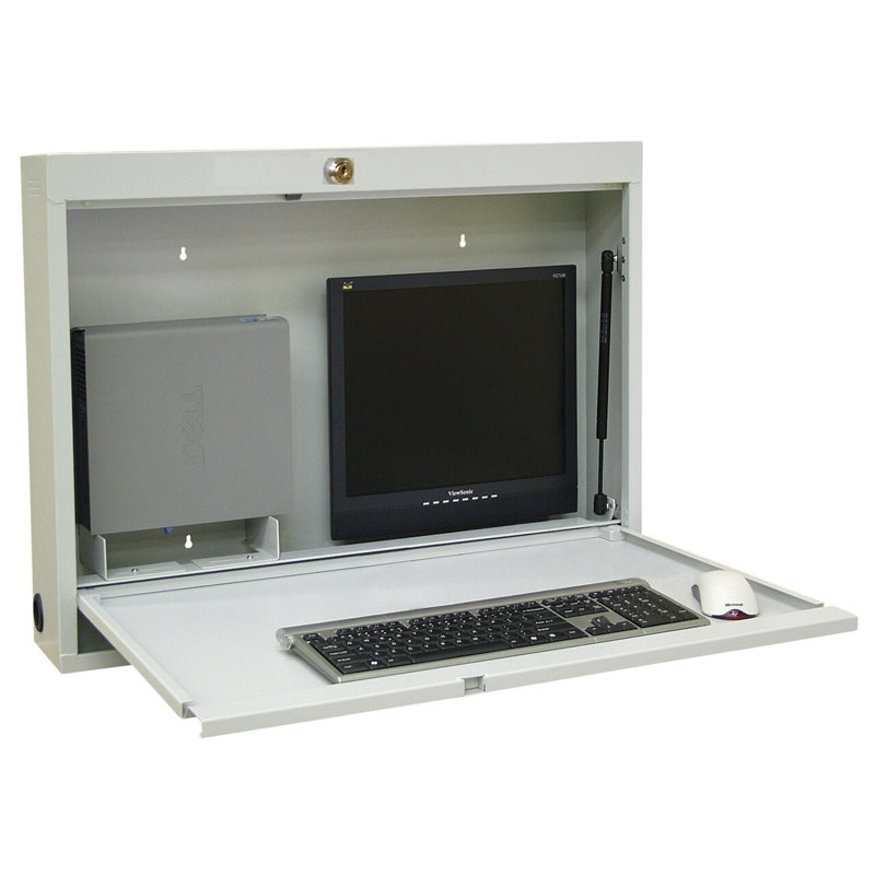 Slim Line Steel Floating Desk with Power Outlet, Light Grey