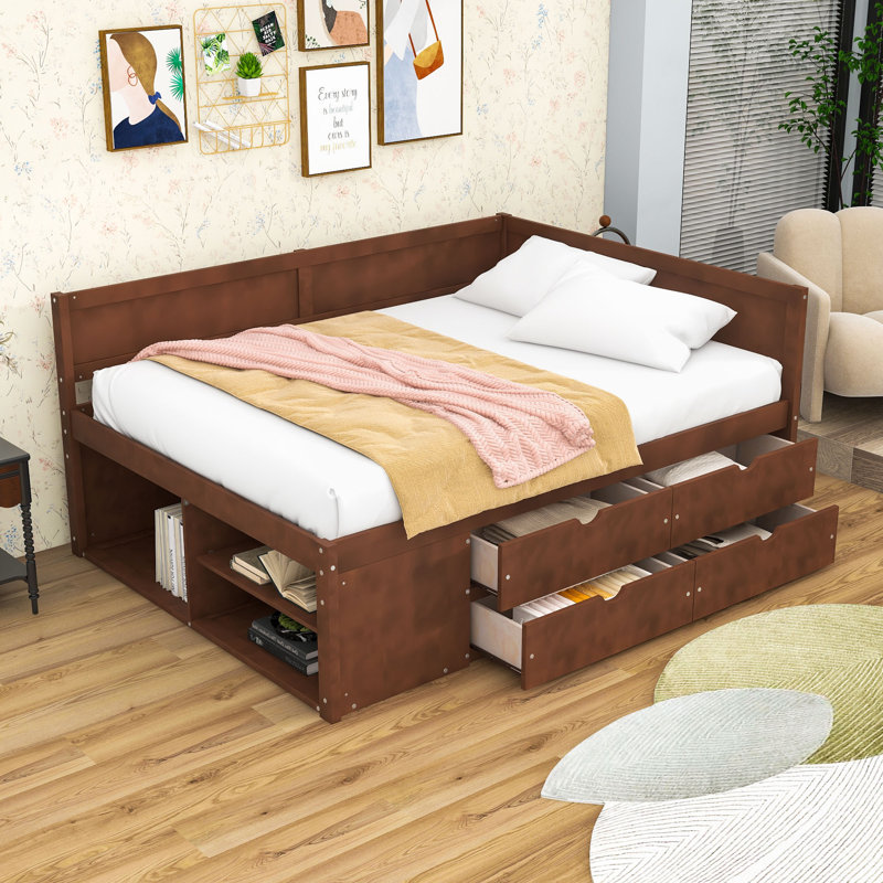 Wood Daybed with Pull-Out Drawers and Shelves, Full/Double, Walnut