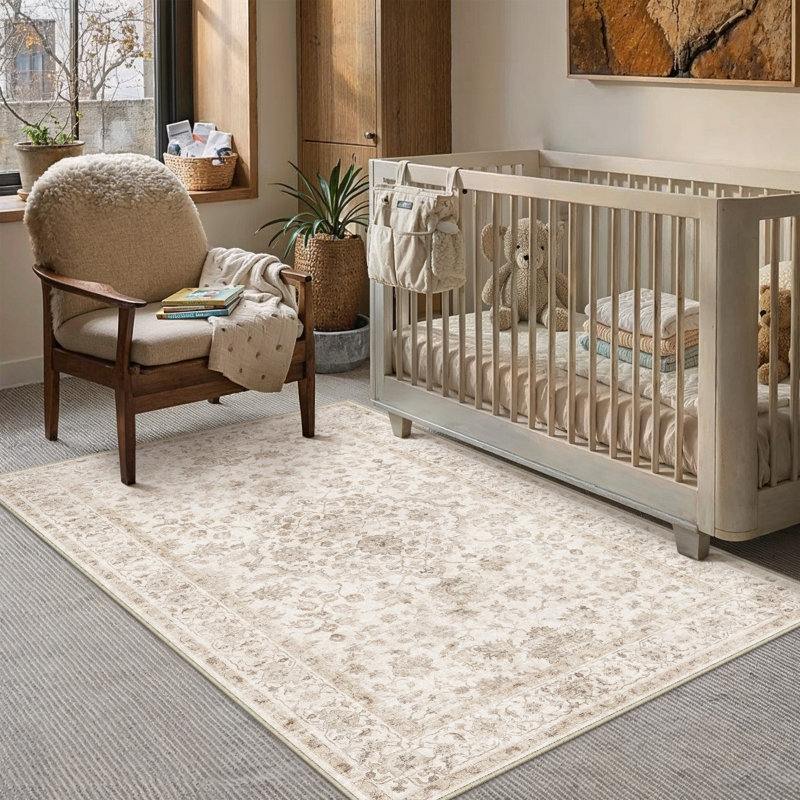 Tapis floral lavable à la machine avec envers antidérapant, Rectangle 3' x 5', Beige