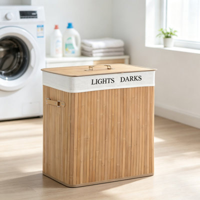 100L Collapsible Natural Wood Laundry Hamper with Lid and Removable Lining, Large Capacity Clothes Washing Basket Storage Box for Bedroom Bathroom, 52x32x63cm