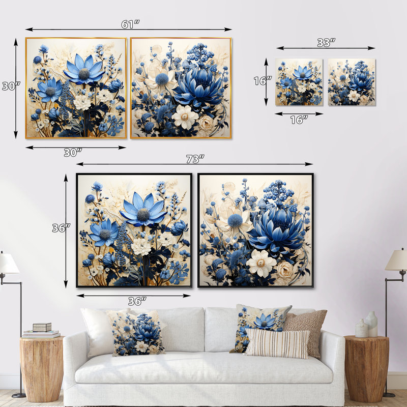 Blue Bonnets - Bouquet de fleurs blanches - Ensemble de 2 collages floraux carrés, H 16 po x l 33 po, Toile tendue