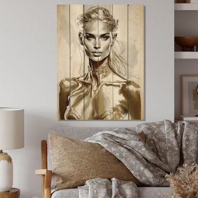 Fashion Model In Retro Gold Design VI - Fashion Woman Print on Natural Pine Wood