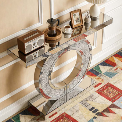 Mirrored Console Table With Crushed diamond Inlay, Long Entryway Sofatable