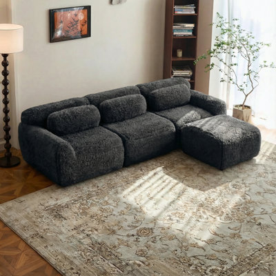 L-Shaped Soft And Fluffy Plush Fabric,Boneless Sofa,With Throw Pillows 32D High Density Sponge,No Assembly Required Bottom,Anti-Slip Design Buckle Connection,Movable Ottoman For Study