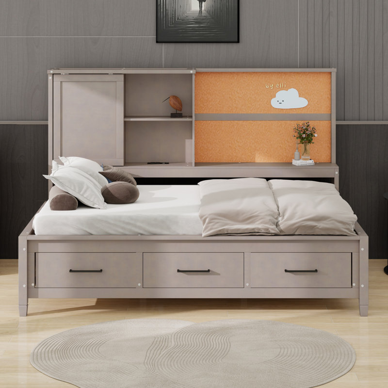 Lit de jour de détente avec tablettes de rangement, planche de liège, ports USB et 3 tiroirs, Gris antique