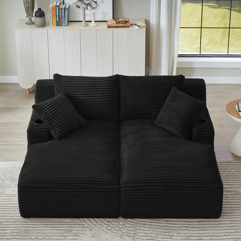 Double méridienne avec porte-gobelets, canapé-lit en velours côtelé, sans assemblage, noir, rembourrage à ressorts pour un salon intérieur confortable - utilisation compressible, confort et lecture à haute densité
