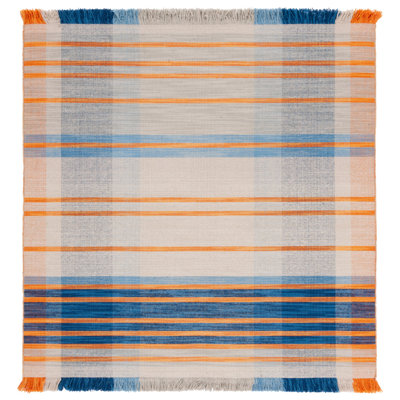 Anjail Flat Weave Wool/Cotton Plaid Rug in Orange/Blue