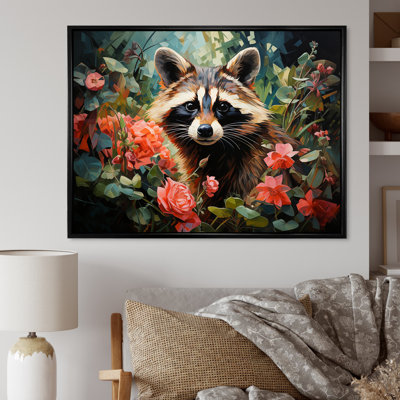 Black And Pink Raccoon Flower Forest - Raccoon Animal Wall Art