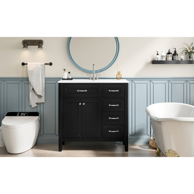 Meuble-lavabo de 36 po, armoire noire avec tiroirs, structure en bois d'hévéa massif, planche, meuble-lavabo moderne, lavabo autoportant et en céramique, grand espace de rangement pour les essentiels